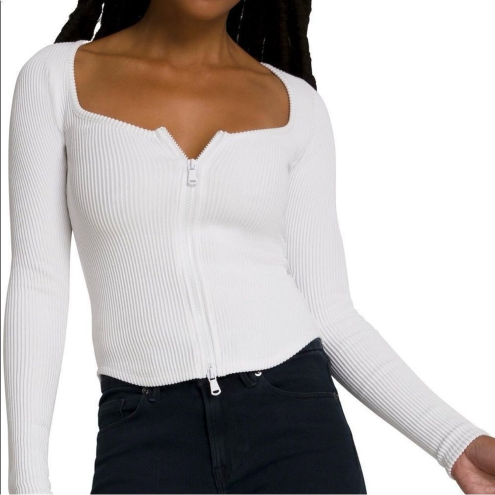 NWT Good American White Front Zip Ribbed Long Sleeve